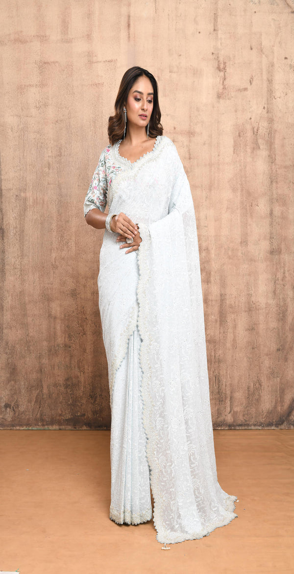 DUSTY GREYISH BLUE CHIKANKARI. SAREE WITH FLORAL EMROIDERED DESIGNER BLOUSE #7906