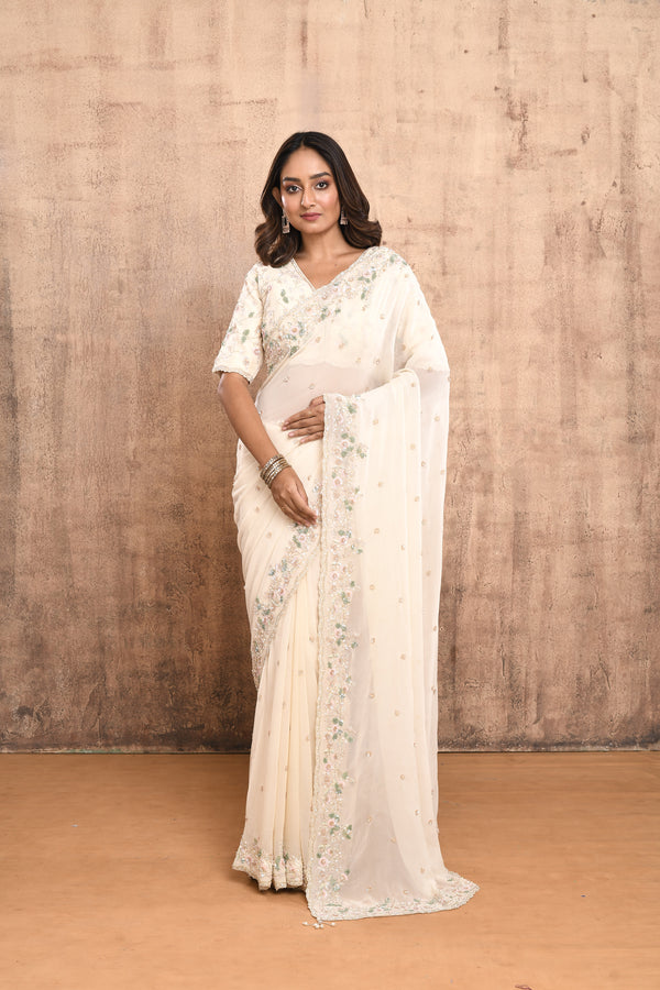 IVORY HAND EMBROIDERED FLORAL SAREE WITH DESIGNER BLOUSE #7901