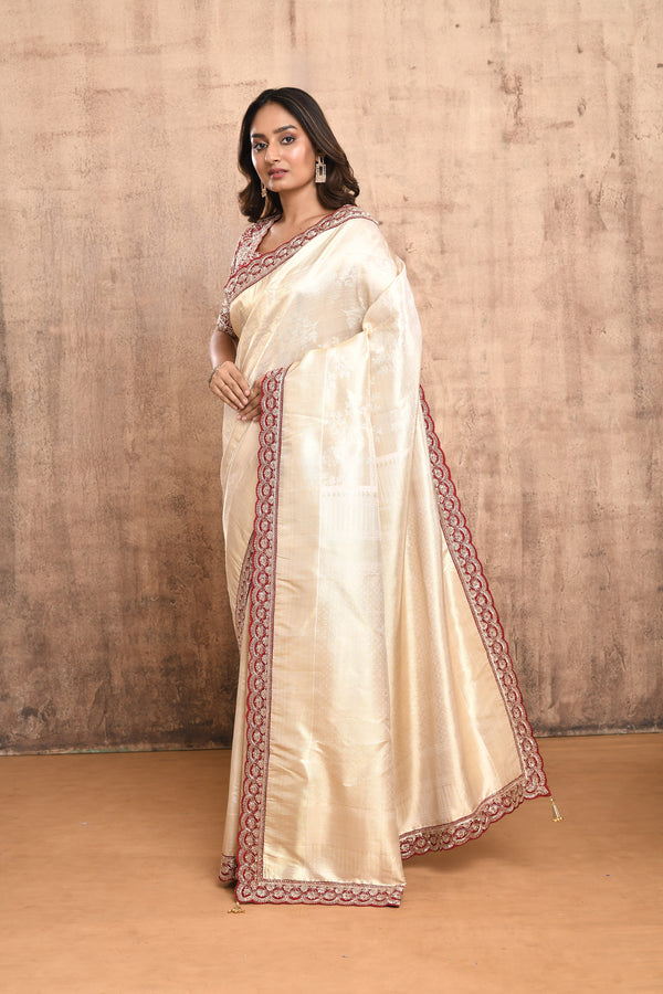 BEIGE GOLD HAND EMBROIDERED/ WOVEN BANARASI SILK  SAREE WITH CONTRAST RED DESIGNER BLOUSE #7923