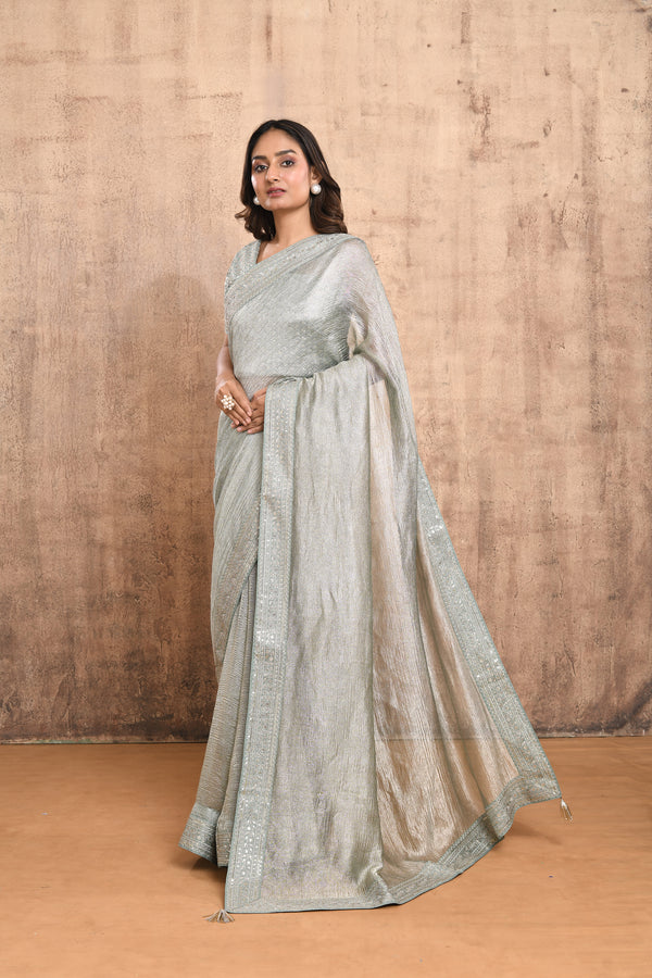 DUSTY TEAL CRUSHED TISSUE SILK SAREE#7867