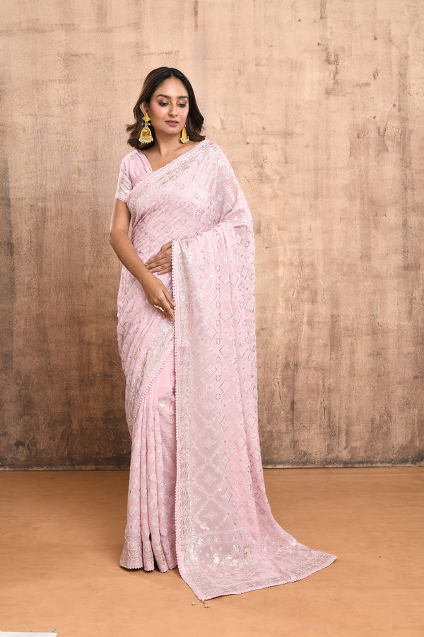 DUSTY PINK CHIKANKARI & SEQUINS EMBROIDERED SAREE #7865