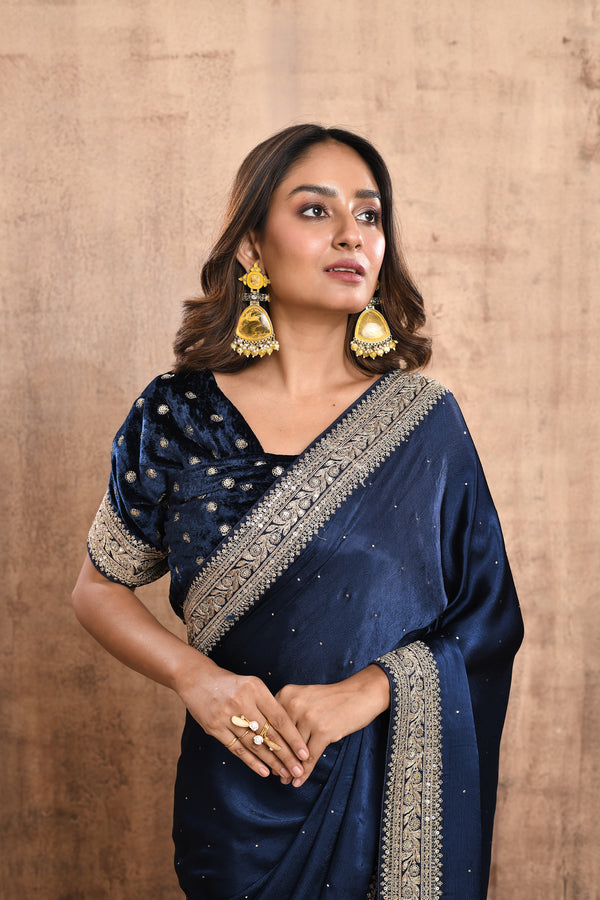 NAVY BLUE EMBROIDERED SATIN SILK SAREE WITH VELVET BLOUSE PIECE #7858