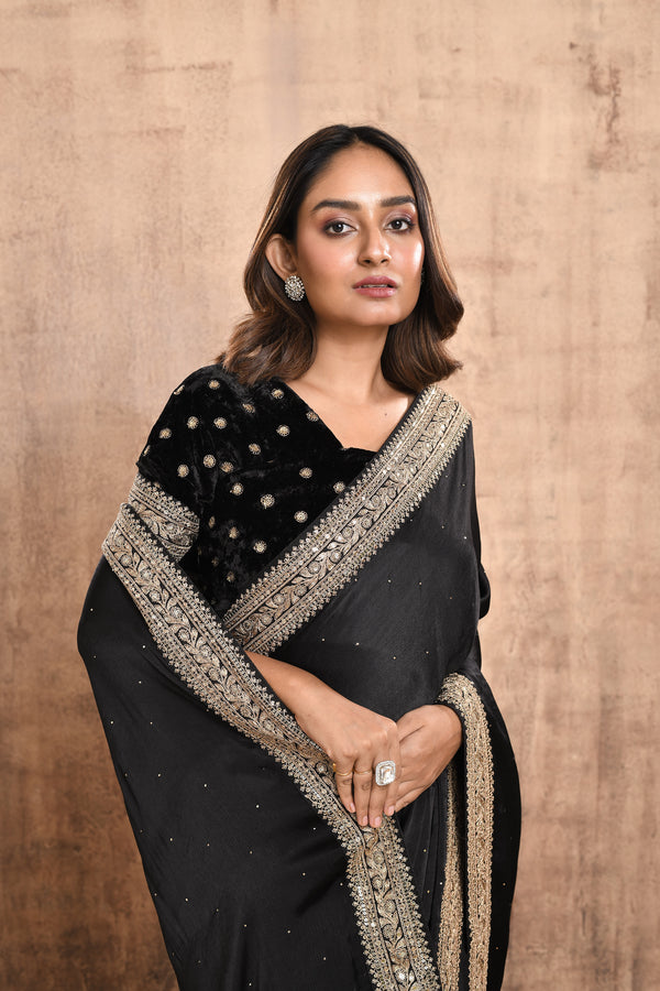 BLACK EMBROIDERED SATIN SILK SAREE WITH VELVET BLOUSE PIECE #7860