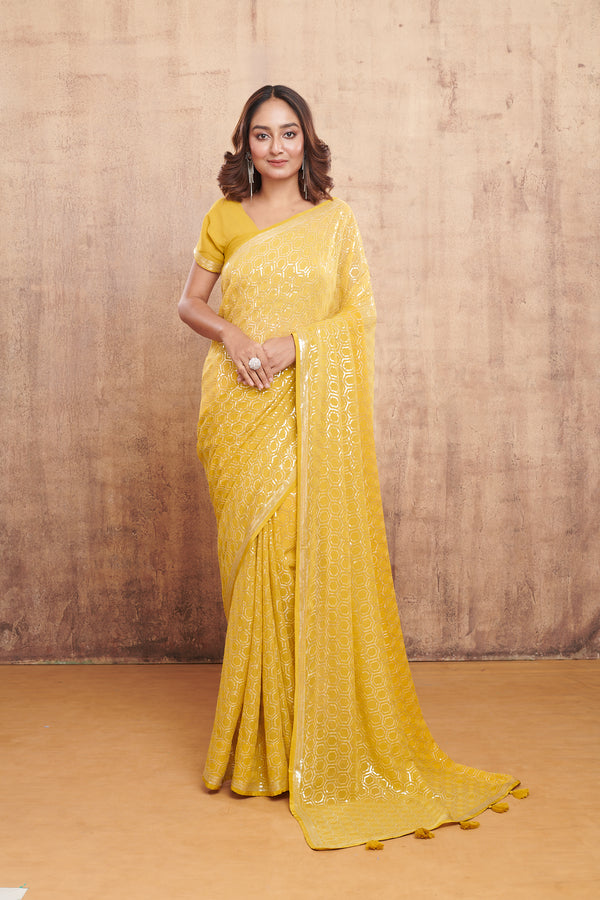 MUSTARD TONE ON TONE SEQUINS EMBROIDERED SAREE #7871