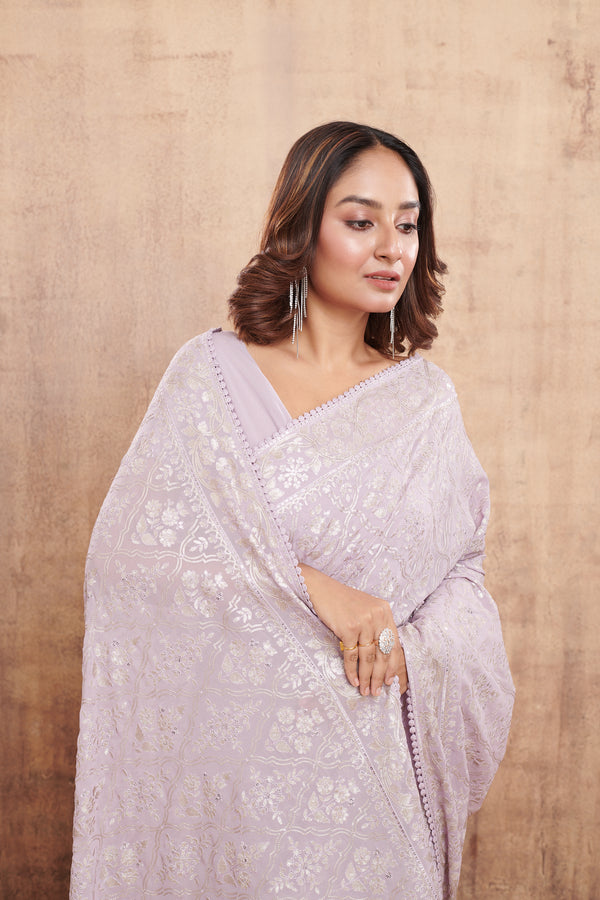 DUSTY LILAC CHIKANKARI & SEQUINS EMBROIDERED SAREE #7877