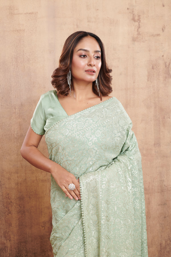 SAGE GREEN CHIKANKARI & SEQUINS EMBROIDERED SAREE #7885