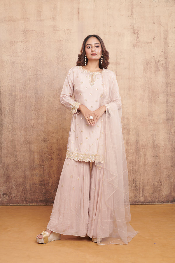 TAUPE HAND EMBROIDERED SHARARA SUIT SET #8291