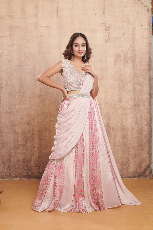 SOFT PINK HAND EMBROIDERED & PRINTED PRE DRAPED SAREE #8248