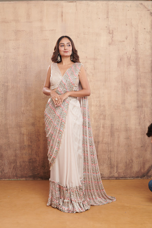 GREY IVORY HAND EMBROIDERED & PRINTED PRE DRAPED SAREE #8249