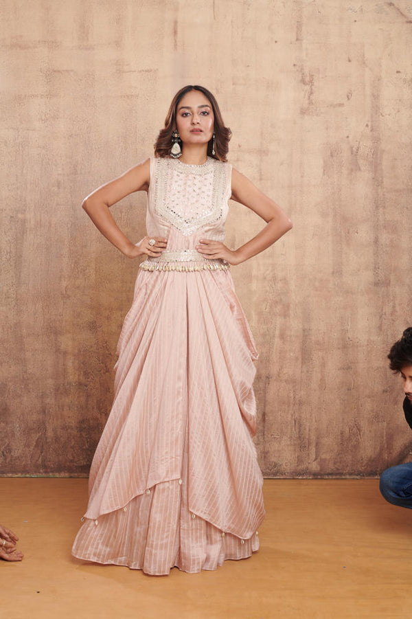 PEACHY PINK HAND EMBROIDERED DRAPED TOP WITH LEHENGA #8250