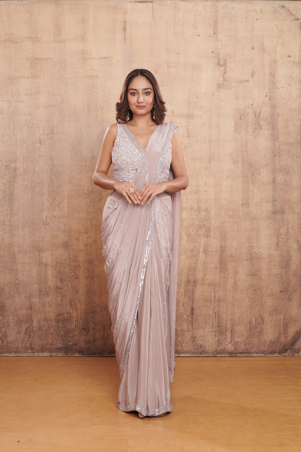 GREY MAUVE HAND EMBROIDERED PRE DRAPED SAREE #8241