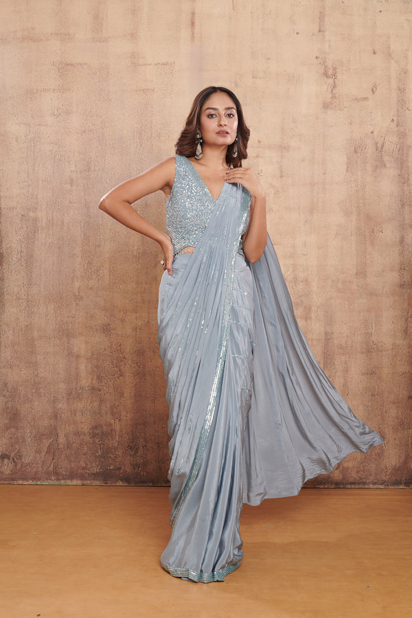 GREYISH BLUE HAND EMBROIDERED PRE DRAPED SAREE #8243