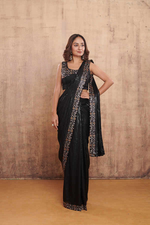 BLACK EMBROIDERED PRE DRAPED SAREE #8247