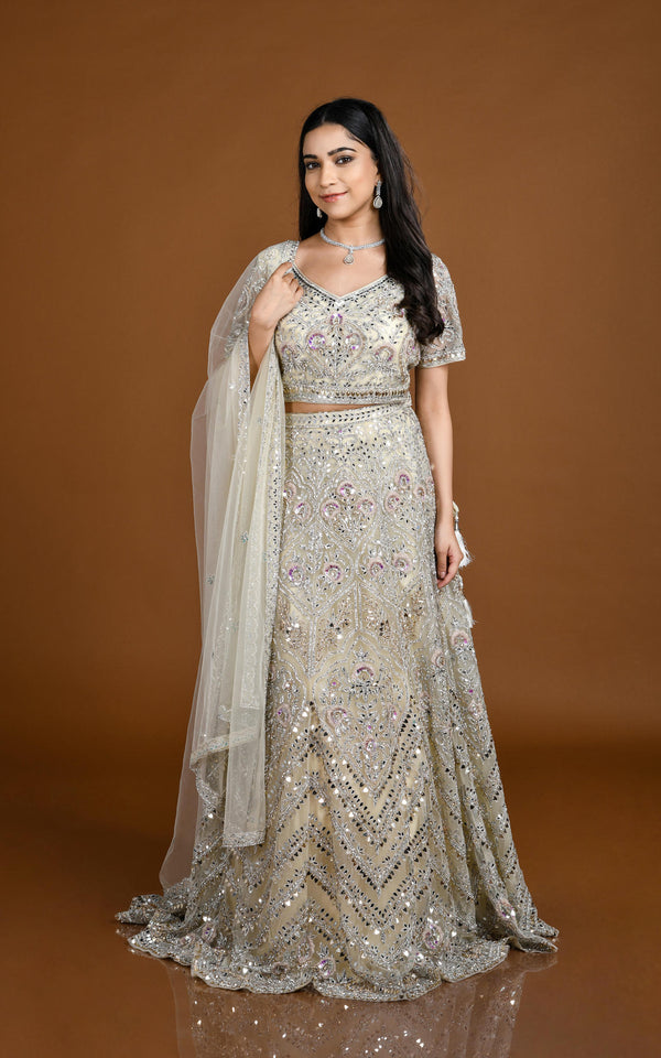 CREAM GOLD HAND EMBROIDERED LEHENGA SET #8154