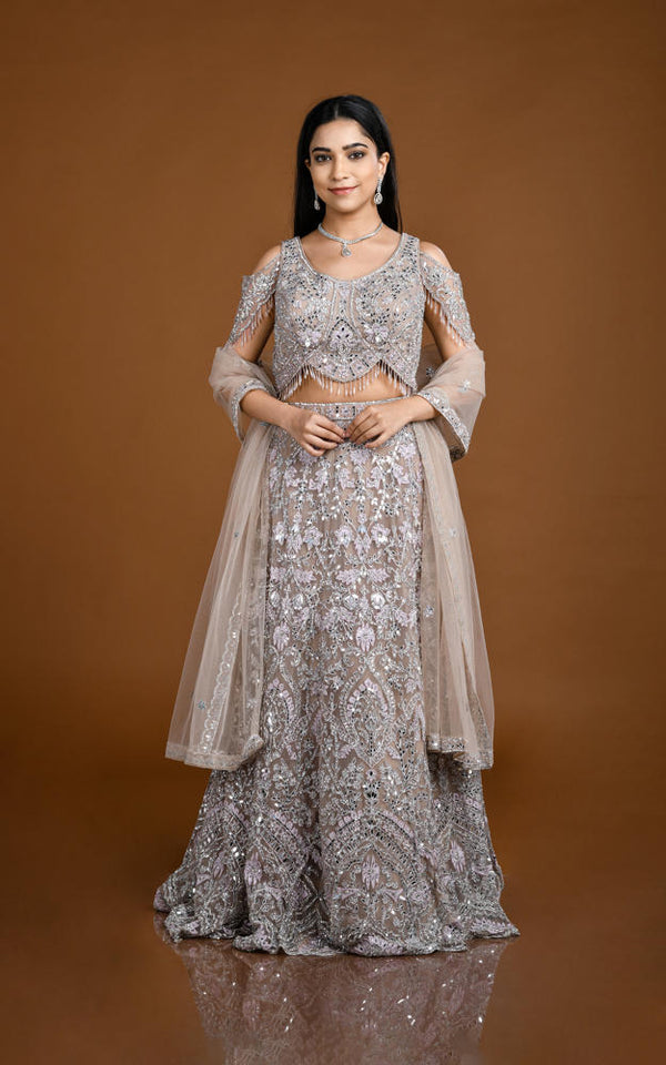 LIGHT TAUPE HAND EMBROIDERED COLD SHOULDER LEHENGA SET #8153