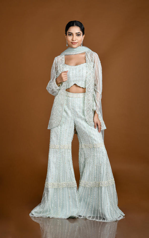 MINT HEAVILY HAND EMBROIDERED CROP TOP SUIT SET WITH JACKET #8127