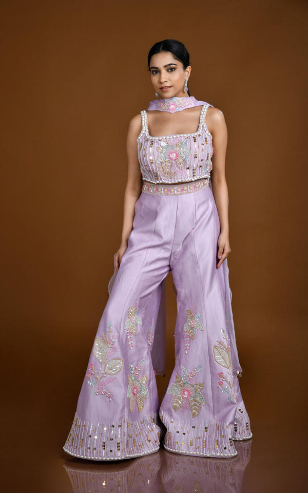 LAVENDER MULTI COLOR HAND EMBROIDERED CROP TOP SUIT SET #8122