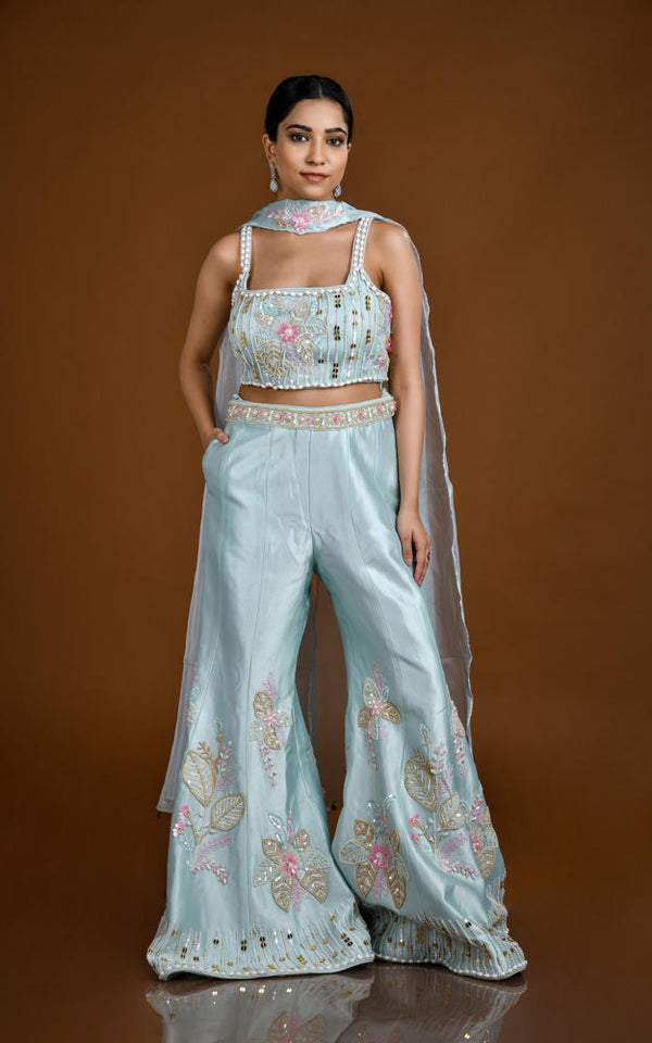 POWDER BLUE MULTI COLOR HAND EMBROIDERED CROP TOP SUIT SET #8121