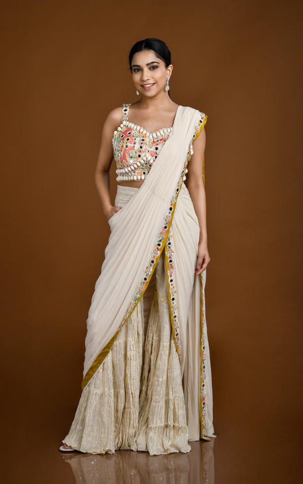 DARK IVORY MULTI COLOR HAND EMBROIDERED PRE DRAPED SHARARA SAREE #8129