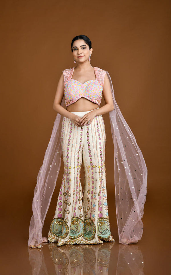 BABY PINK & IVORY MULTI COLOR HAND EMBROIDERED CROP TOP SUIT SET WITH ATTACHED CAPE SLEEVES #8124