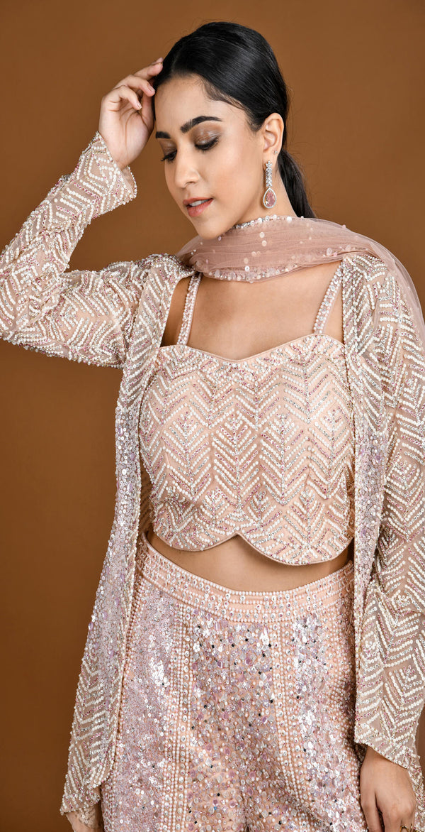 NUDE PEACH HEAVILY HAND EMBROIDERED CROP TOP SUIT SET WITH JACKET #8128