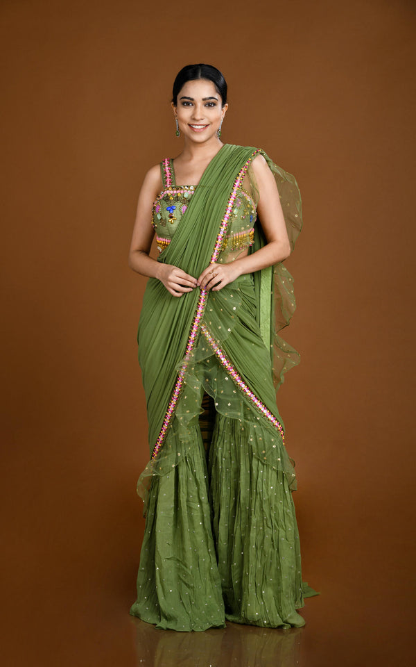 MEHENDI GREEN MULTI COLOR HAND EMBROIDERED PRE DRAPED SAREE #8133