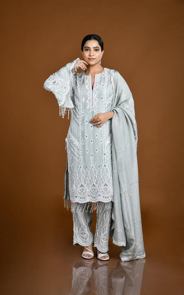 DUSTY GREY SAGE HEAVILY HAND EMBROIDERED STRAIGHT PANT SUIT  #8135