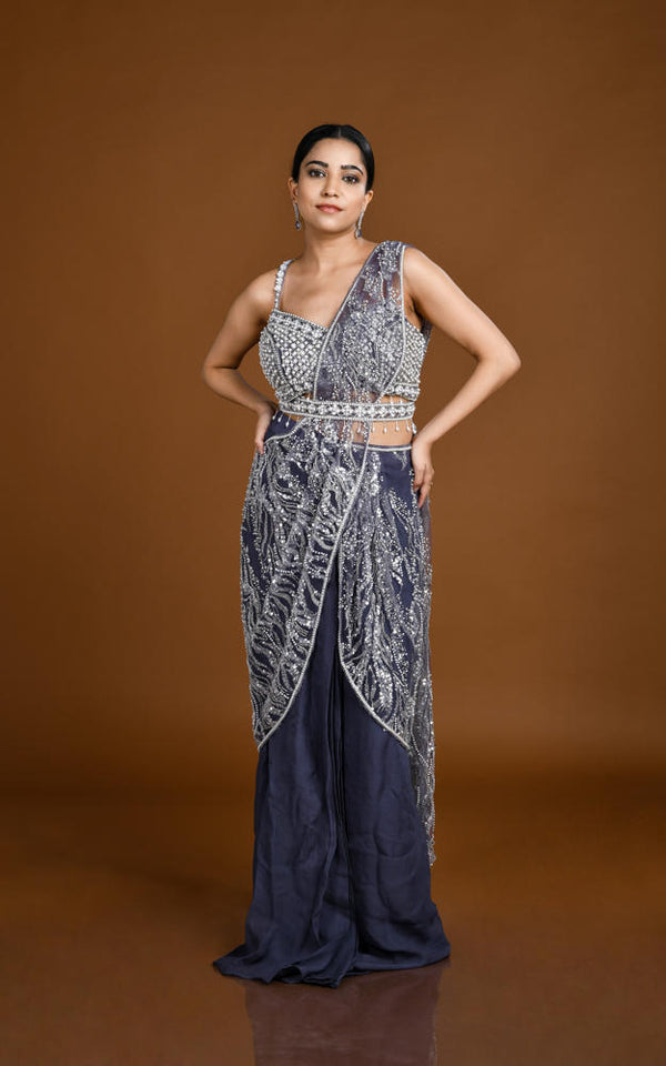 GREY LILAC HAND EMBROIDERED PRE DRAPED SAREE #8131