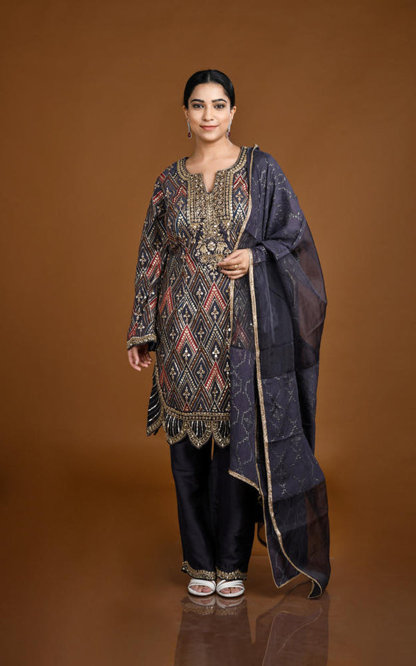 DARK GREY EMBROIDERED STRAIGHT PANT SUIT SET #8143