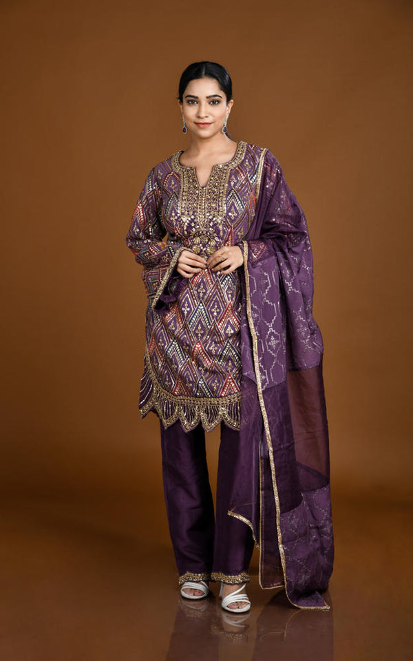 LILAC EMBROIDERED STRAIGHT PANT SUIT SET #8142