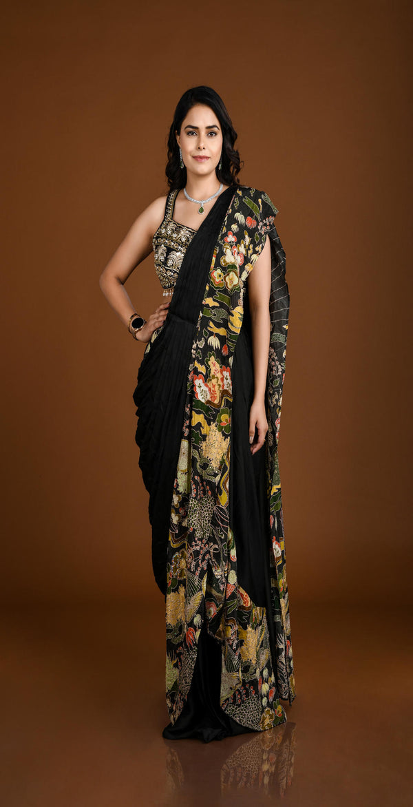 BLACK MULTI COLOR PRE DRAPED SAREE #8132