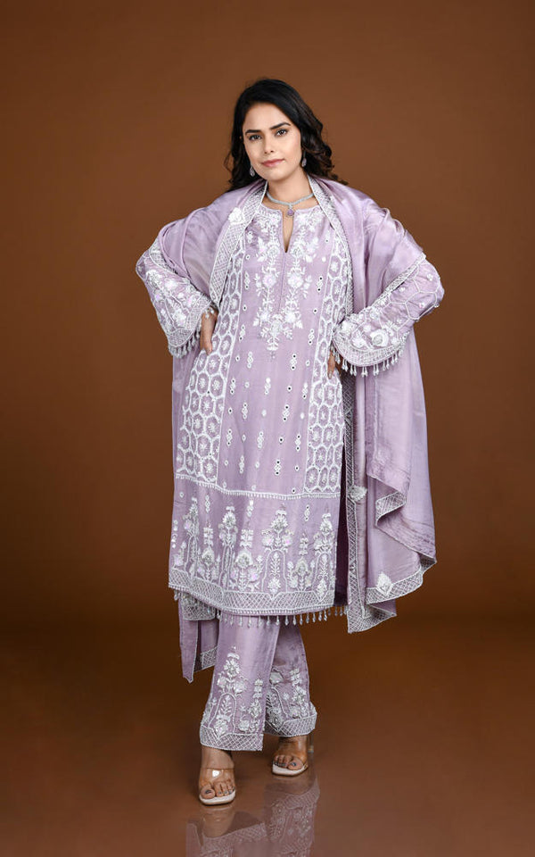 LILAC HAND EMBROIDERED SHIMMER SILK LONG TOP STRAIGHT PANT SUIT SET #8137