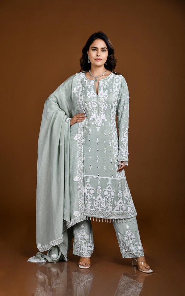 DUSTY SAGE GREEN HAND EMBROIDERED SHIMMER SILK LONG TOP STRAIGHT PANT SUIT SET #8140