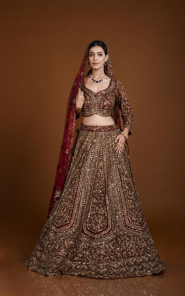 MAROON HAND EMBROIDERED LEHENGA SET WITH MAROON VALVET SHAWL #7830