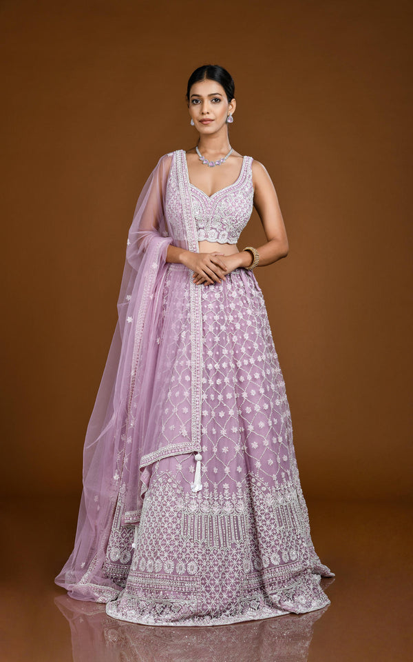 LAVENDER HAND EMBROIDERED LEHENGA SET WITH ALLOVER PEARL DETAILING #7831