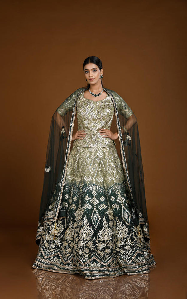 SHADES OF GREEN OMBRÉ HAND EMBROIDERED LEHENGA SET WITH MID TOP #7852