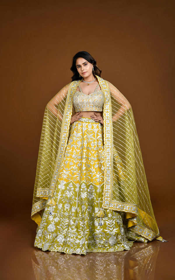 YELLOW & MEHENDI GREEN GOTA PATTI APPLIQUÉ RAW SILK HAND EMBROIDERED LEHENGA SET #7853