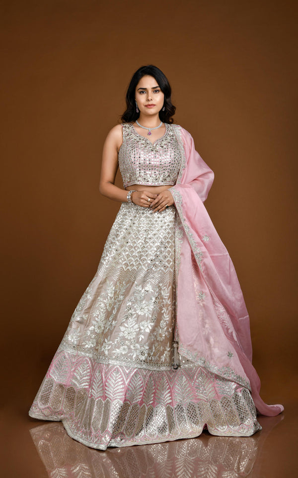 GREY & BABY PINK GOTA PATTI APPLIQUÉ HAND EMBROIDERED LEHENGA SET #7855