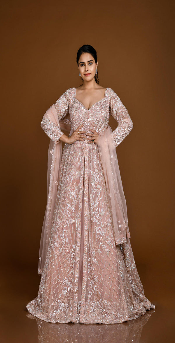 NUDE PEACH CRYSTAL & SEQUINS HAND EMBROIDERED FRONT SLIT JACKET LEHENGA SET #7842