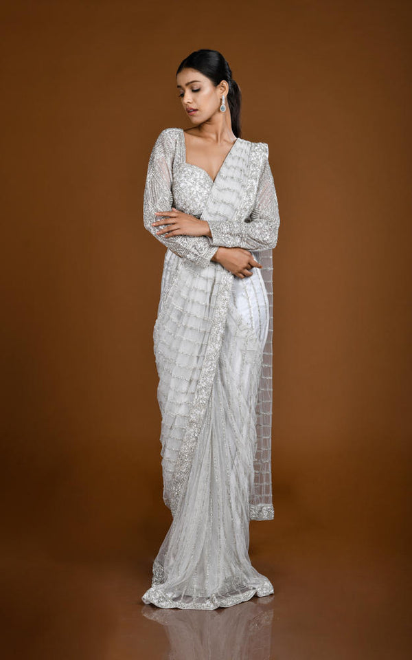 WHITE IVORY HEAVILY HAND EMBROIDERED PRE DRAPED SAREE #7834