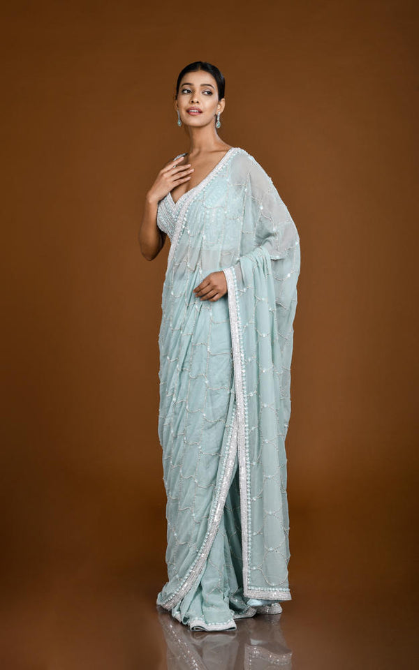 POWDER BLUE HAND EMBROIDERED PRE DRAPED SAREE #7839