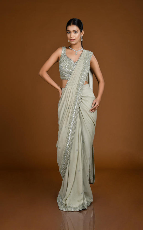 SAGE GREEN TONE ON TONE HAND EMBROIDERED PRE DRAPED SAREE #7838