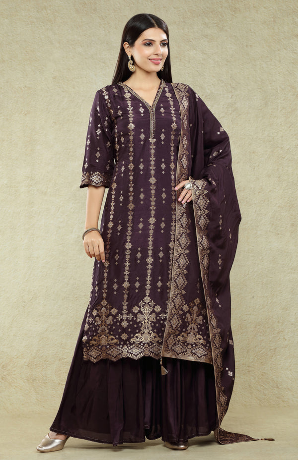 Eggplant Purple Banarasi Sharara Suit Set #7154