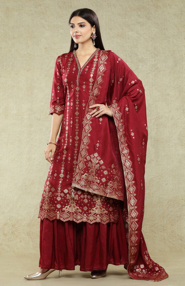 Maroon Banarasi Sharara Suit Set #7157