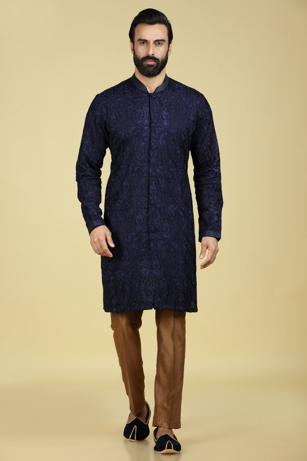 Navy Blue Chikankari BUTTON DOWN Kurta Set #6670