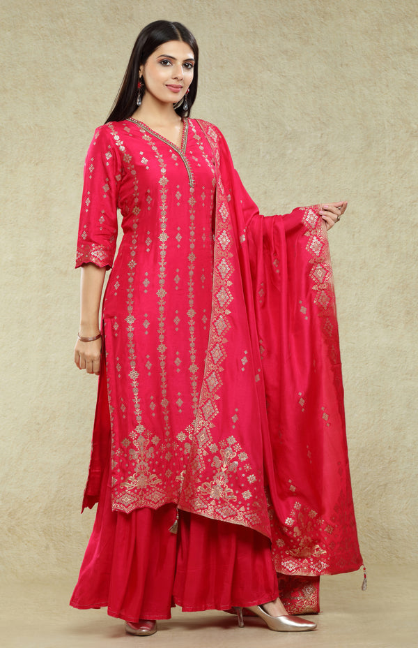 Hot Pink Banarasi Sharara Suit Set #7155