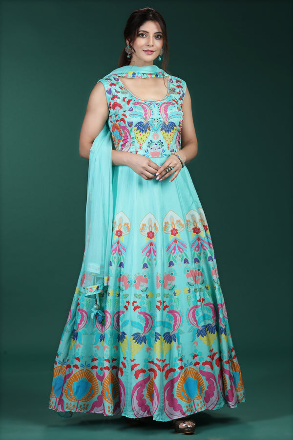 Light Blue Printed Multicolor Gown Set #6620