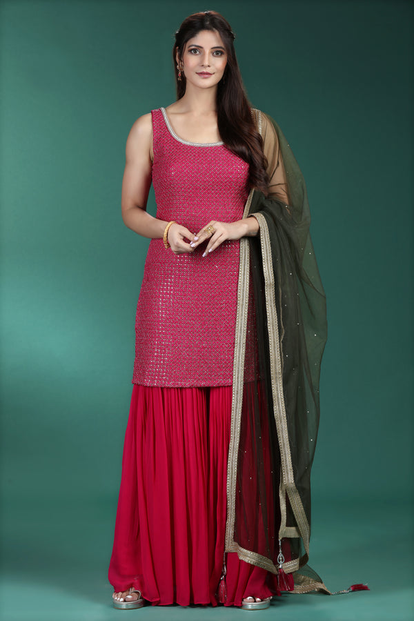 Magenta & Olive Sharara Suit Set