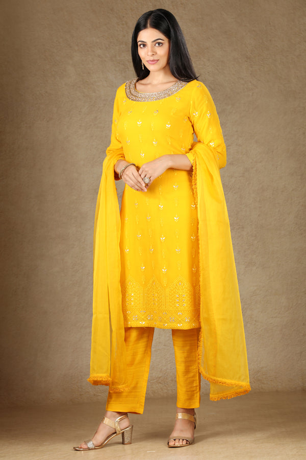 Mustard Yellow Chikankari Pant Suit Set