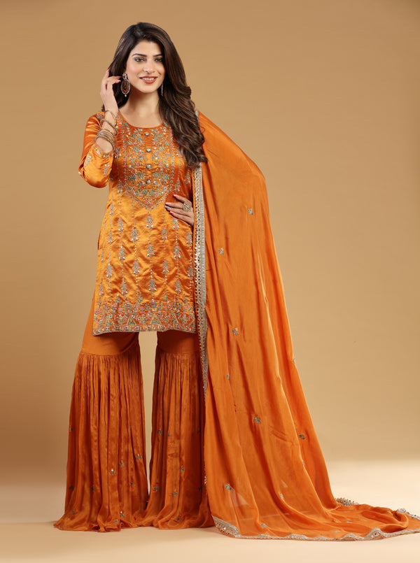 RUST ORANGE SILK SHARARA SET #7484